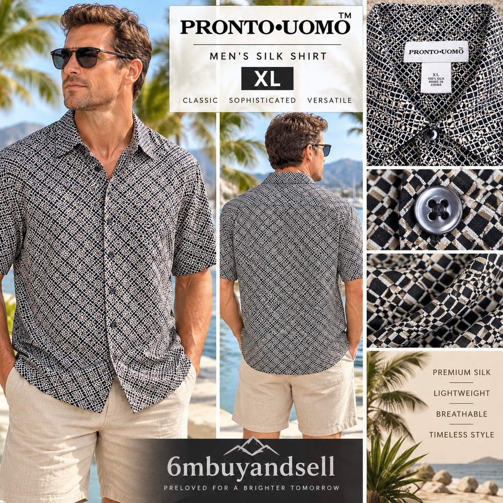 Pronto Uomo Mens XL Silk Short Sleeve Button Down Shirt Geometric Grid Black Tan